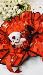 US IDEAL CRAFT Hexagonal Explosive Gift Box, Birthday Gift With 16 Chocolate INCLUDES TEDDY & ROSES (BLACK & RED)