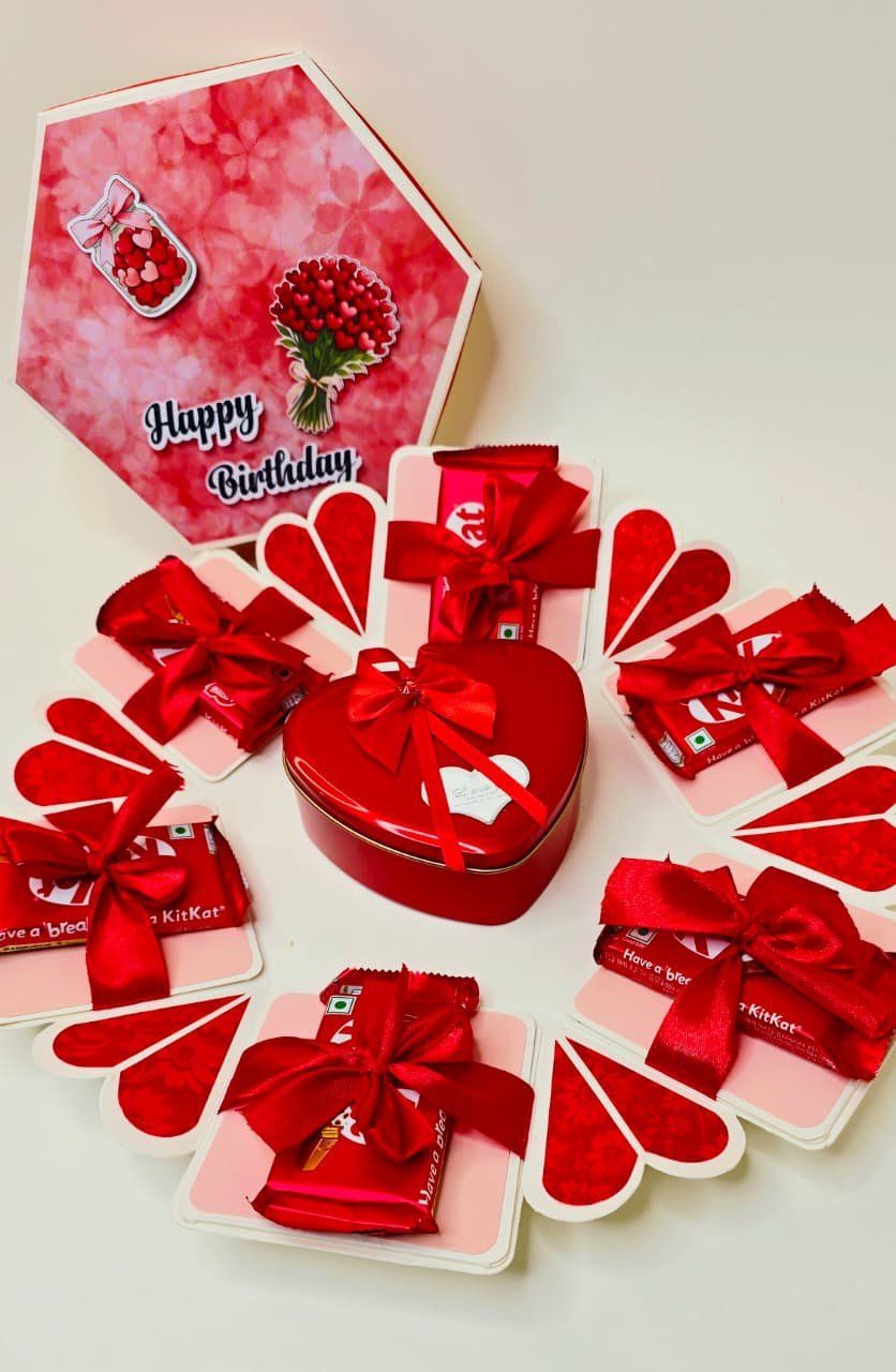 Hexagonal Gift Box with Chocolates Photos Teddy and Artificial Roses Handmade Birthday Gift Box for Loved Ones Black With 12 Photos