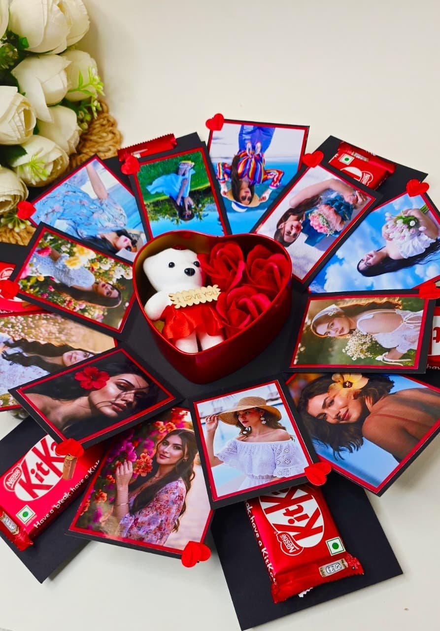 3 Layer Hexagonal Gift Box with 6 Chocolates Photos Teddy and Artificial Roses Handmade Birthday Gift Box for Loved Ones Black With 12 Photos