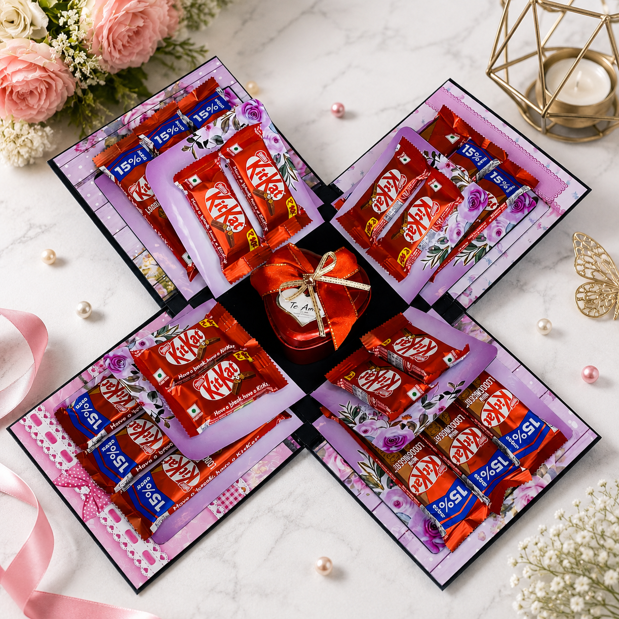 Handmade Explosion Box Scrapbook Gift for Couples | Customized Photo Memory Box with Chocolate Holder | Anniversary Birthday Surprise Gift