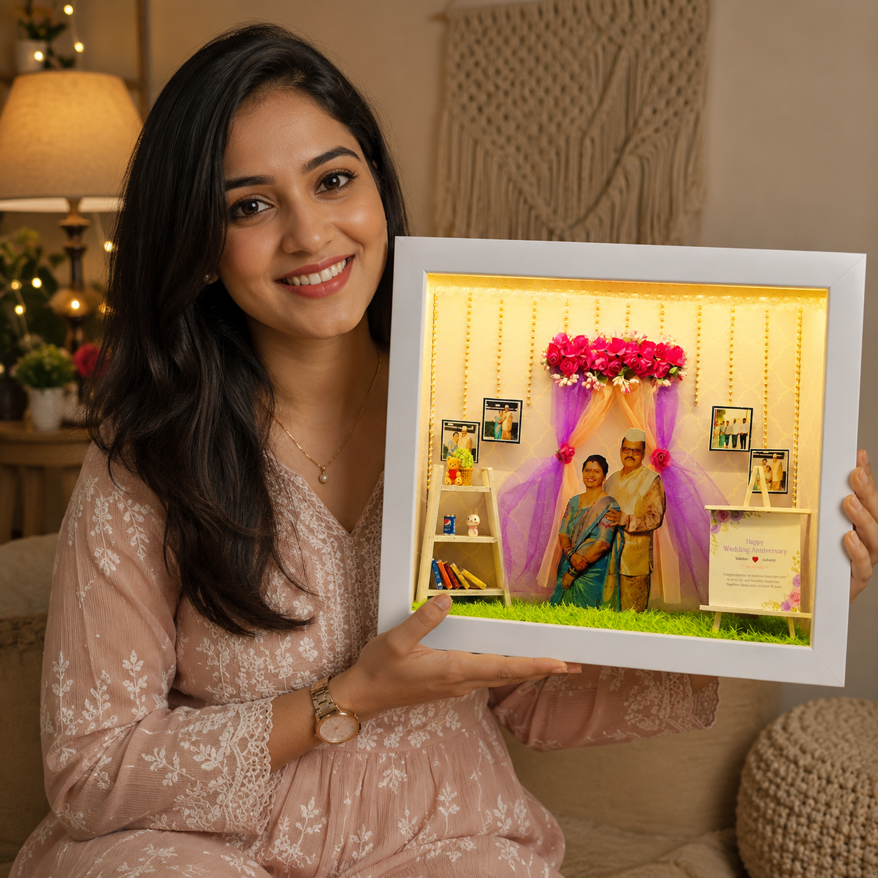 Luxury Handmade Anniversary Photo Frame | Customized LED Memory Shadow Box Gift for Couples