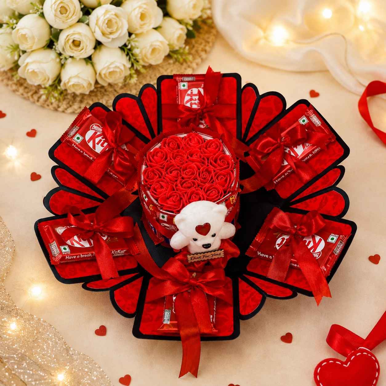 US IDEAL CRAFT Hexagonal Explosive Gift Box, Birthday Gift With 16 Chocolate INCLUDES TEDDY & ROSES (BLACK & RED)