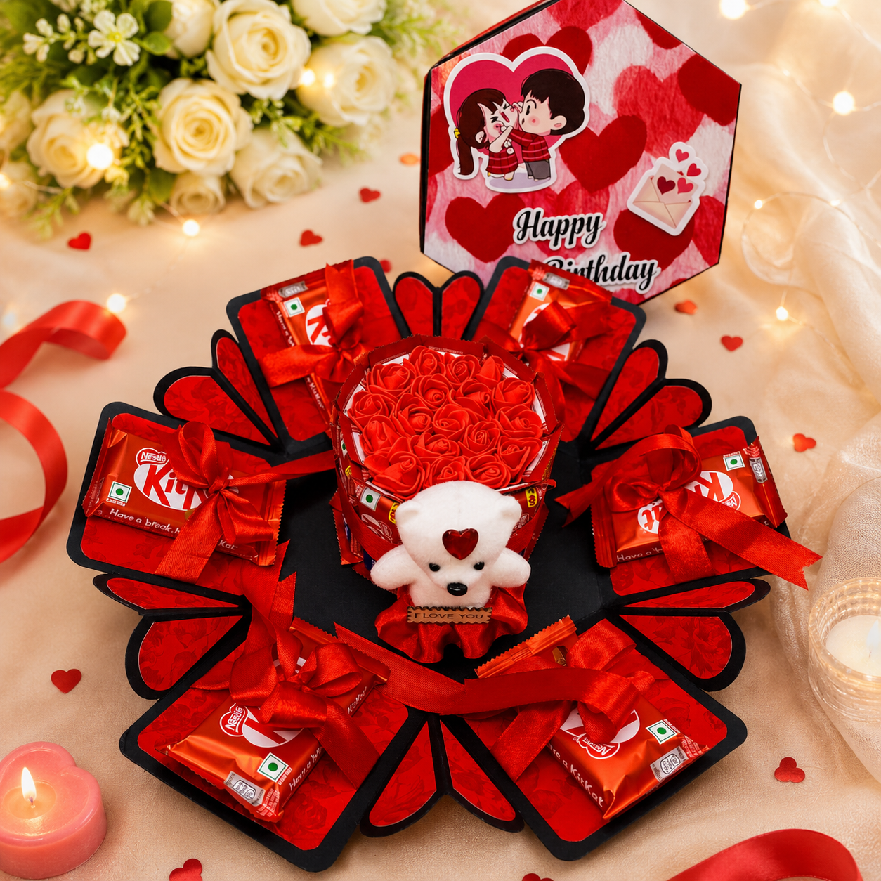 US IDEAL CRAFT Hexagonal Explosive Gift Box, Birthday Gift With 16 Chocolate INCLUDES TEDDY & ROSES (BLACK & RED)