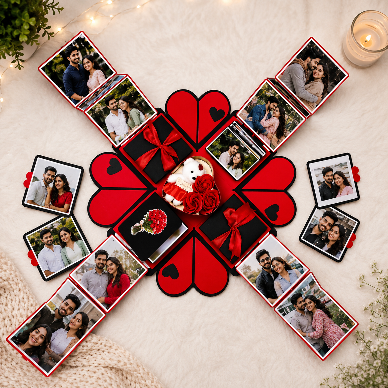 Personalized Explosion Gift Box for Couples | Handmade Photo Album Box with Teddy & Rose Heart Box | Romantic Anniversary, Birthday & Valentine's Day Gift