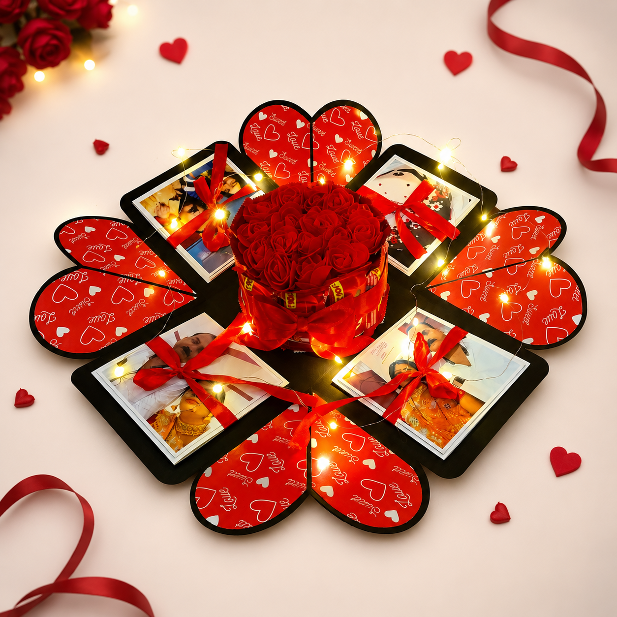 Explosive Gift Box, Birthday Gift, Wedding gift, Valentine Love Gift for your wife/husband, fiance, boyfriend With 10 Chocolate Each 10 RS (1 Kitkat Bunch With ROSES)
