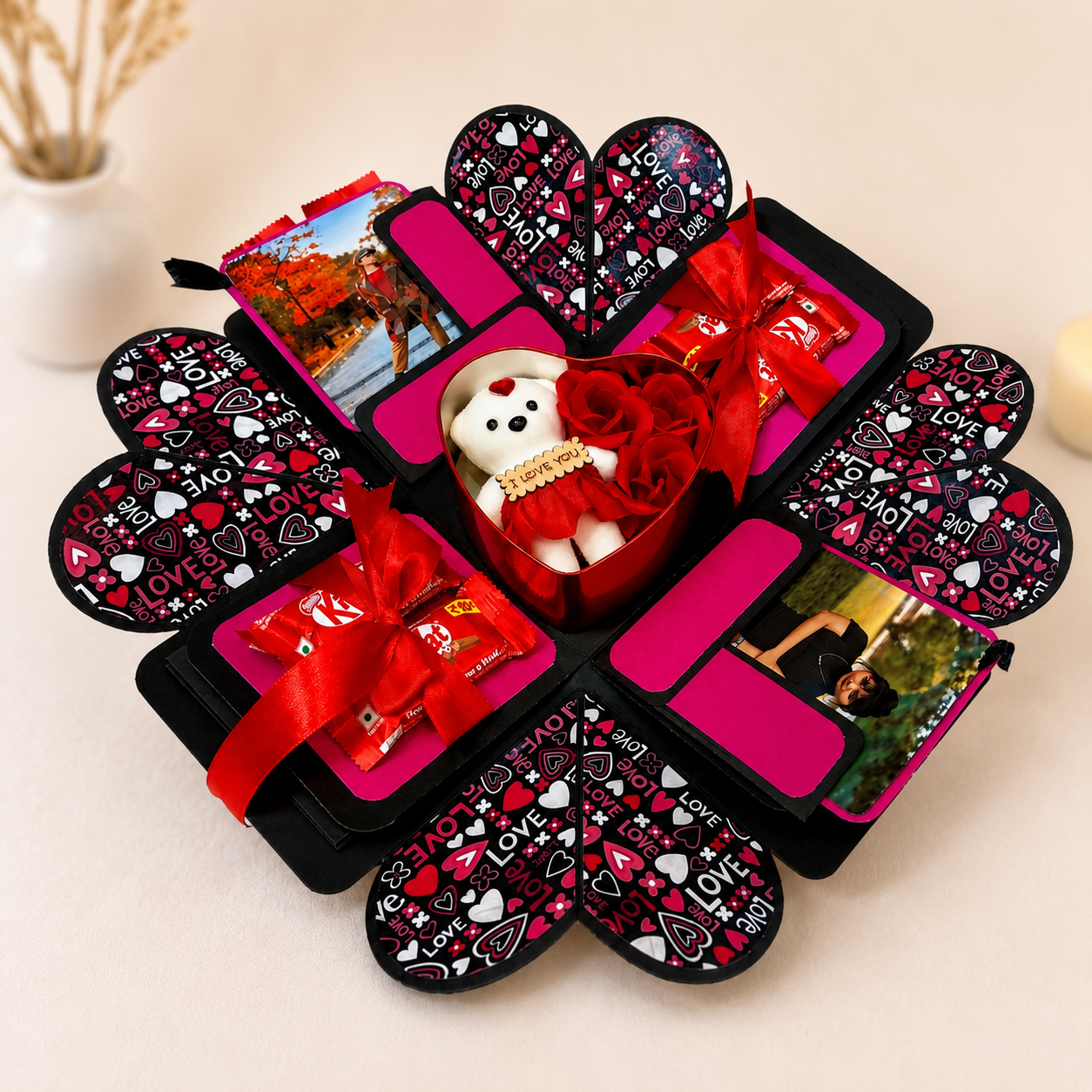 Personalized Love Explosion Gift Box with 12 Photos & 12 Chocolates | Romantic Surprise Gift for Couples
