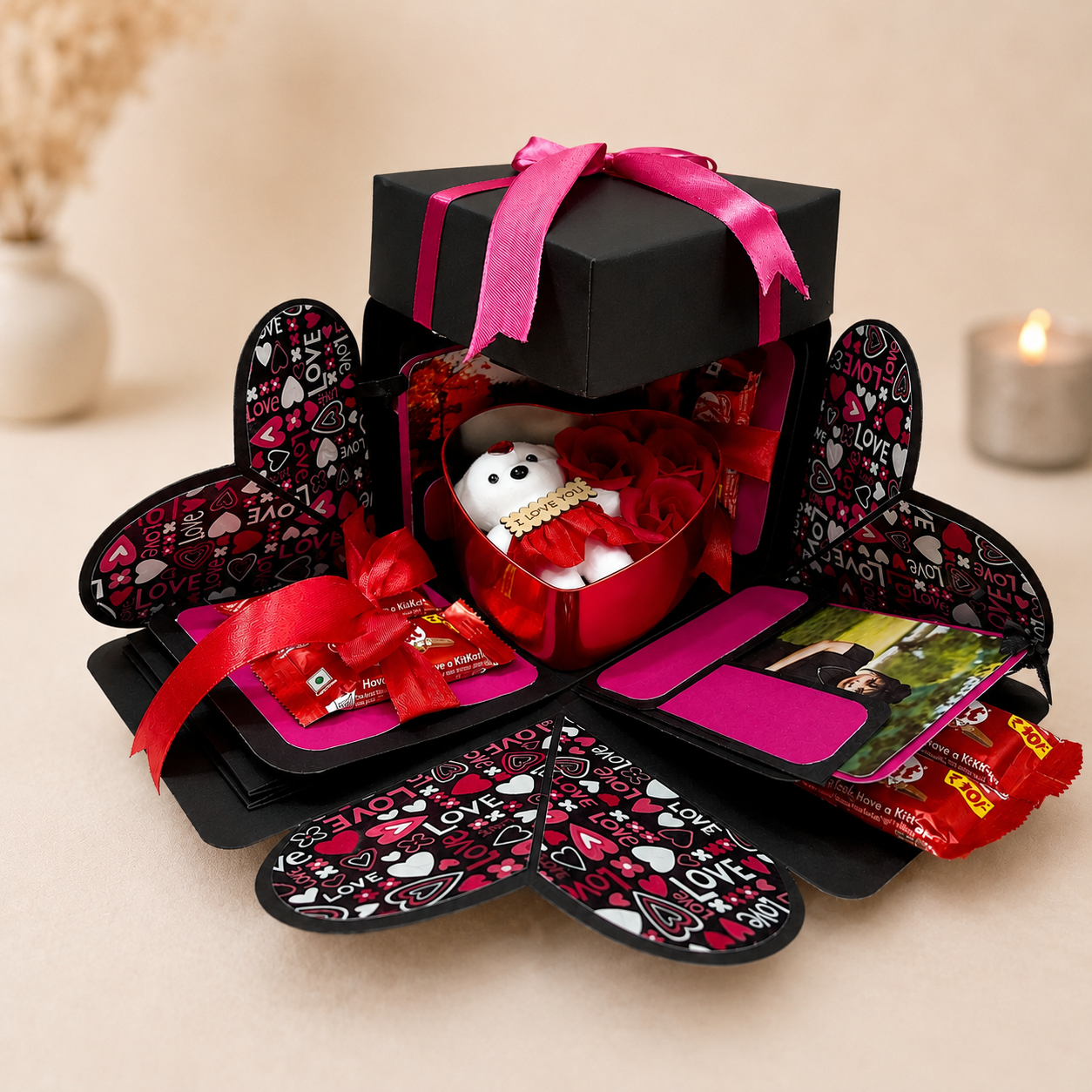 Personalized Love Explosion Gift Box with 12 Photos & 12 Chocolates | Romantic Surprise Gift for Couples