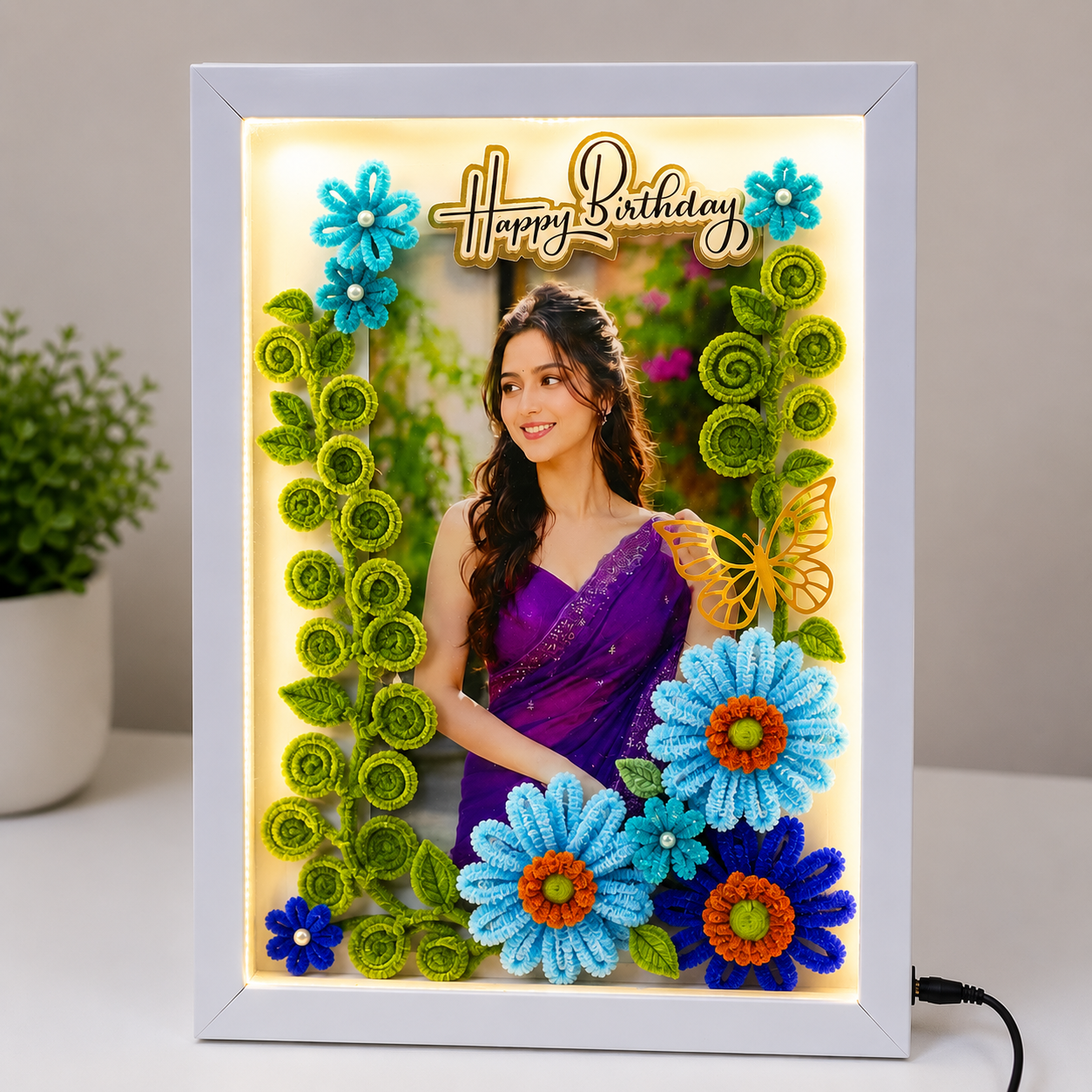 Personalized LED Birthday Photo Frame with Handmade Floral Decoration