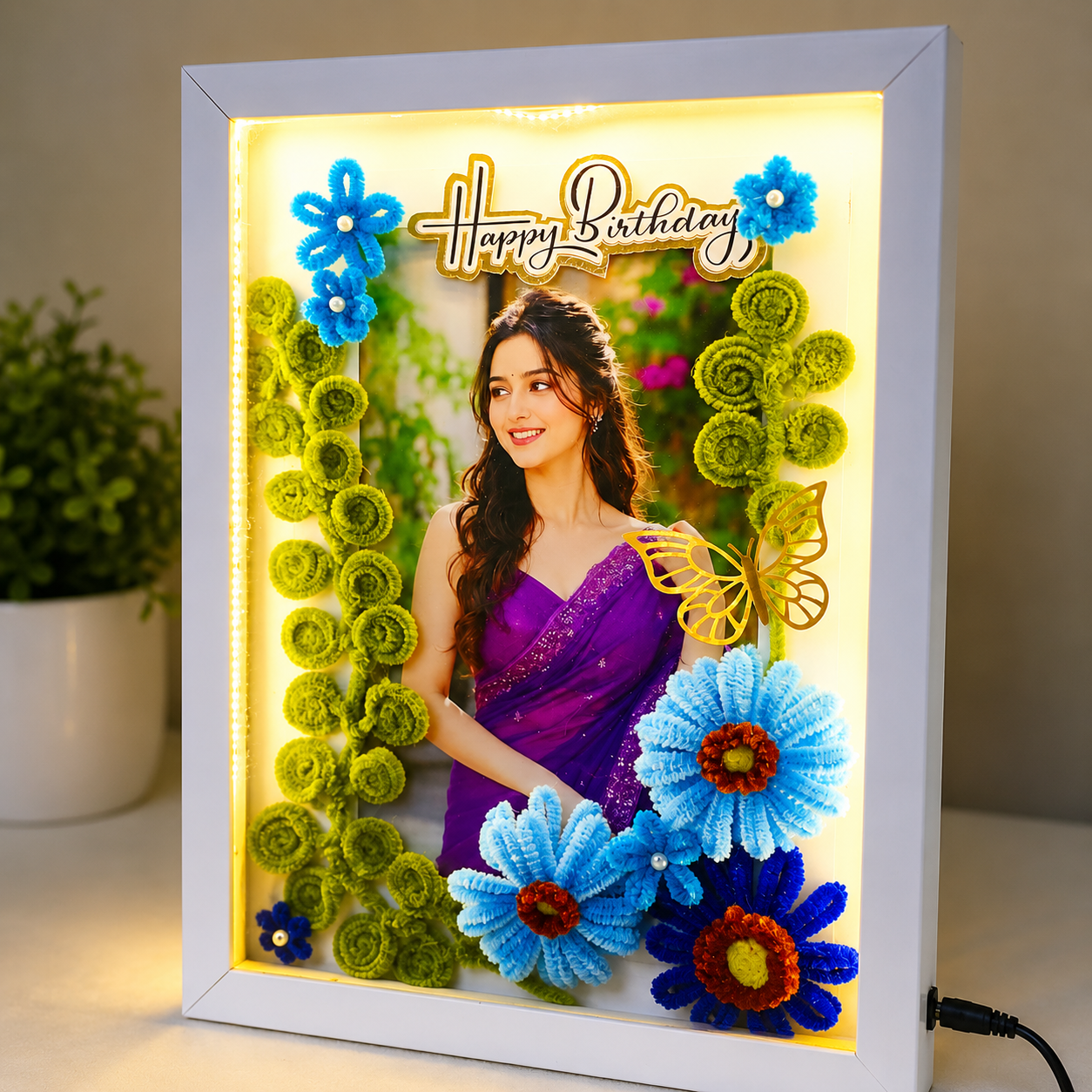 Personalized LED Birthday Photo Frame with Handmade Floral Decoration