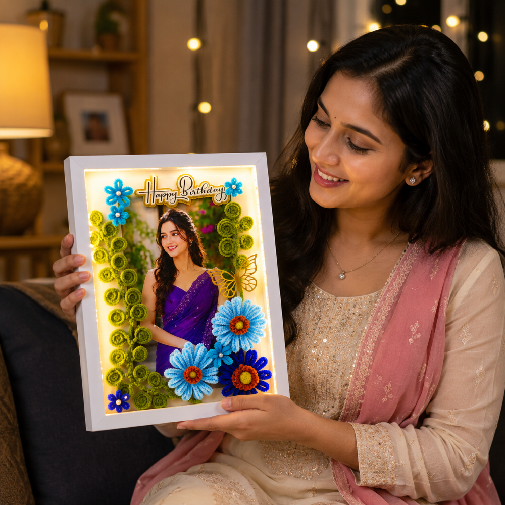 Personalized LED Birthday Photo Frame with Handmade Floral Decoration