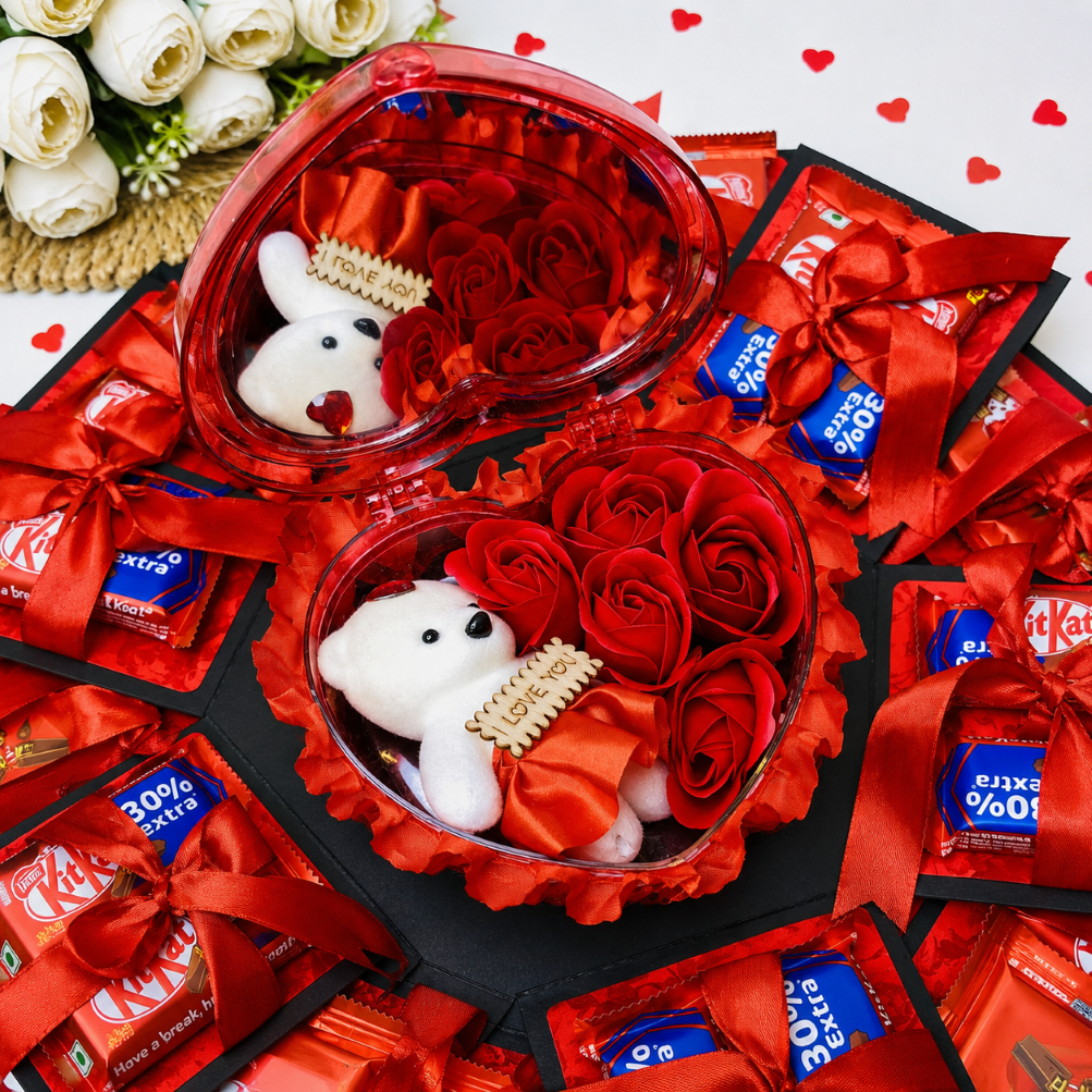 2 Layer Hexagonal Chocolate Explosion Gift Box For Couple Including 24 Chocolate and Red Heart Teddy box With red Rose